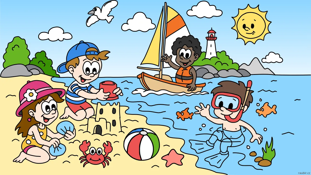 Children playing by the sea on a sunny summer day